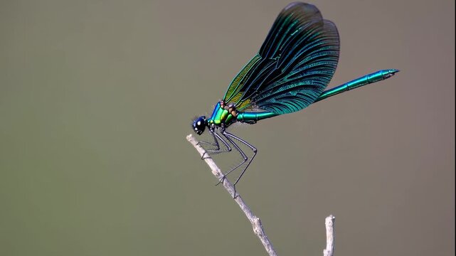 Iridescent dragonfly resting on a thin twig with a blurred background in a close up still shot