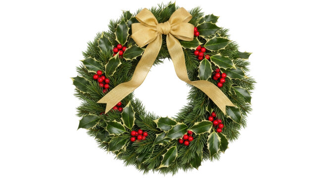 Festive christmas wreath with gold ribbon and red berries on black background