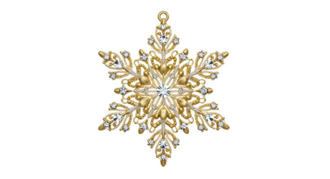 Ornate gold and diamond snowflake ornament with intricate patterns and gemstone accents