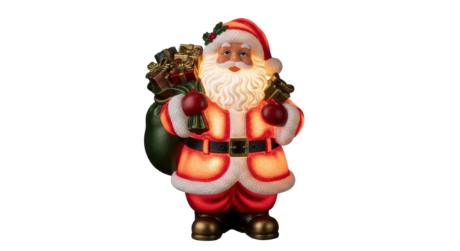 Festive santa claus figurine with gift sack and red suit