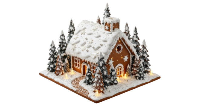 Festive gingerbread house with icing and snow-covered trees in winter wonderland setting - Powered by Adobe
