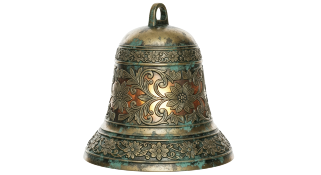Antique brass bell with ornate floral patterns and patina