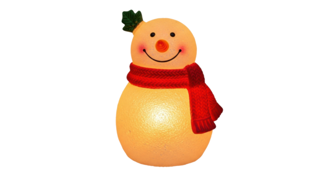Cheerful snowman decoration with red scarf and orange nose