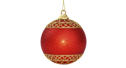 Red christmas ornament with gold detailing hanging on string