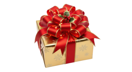 Elegant gift box with red bow and golden snowflake pattern