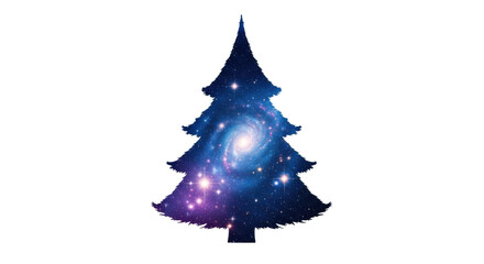 Galaxy-themed christmas tree silhouette with cosmic spiral and stars