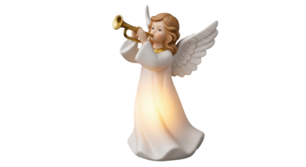 Porcelain angel figurine with trumpet and illuminated wings