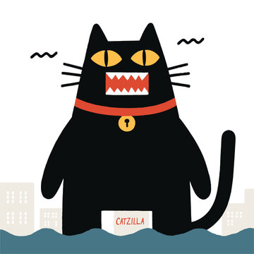 Catzilla emerges from the cityscape, ready to unleash playful chaos in a whimsical urban setting
