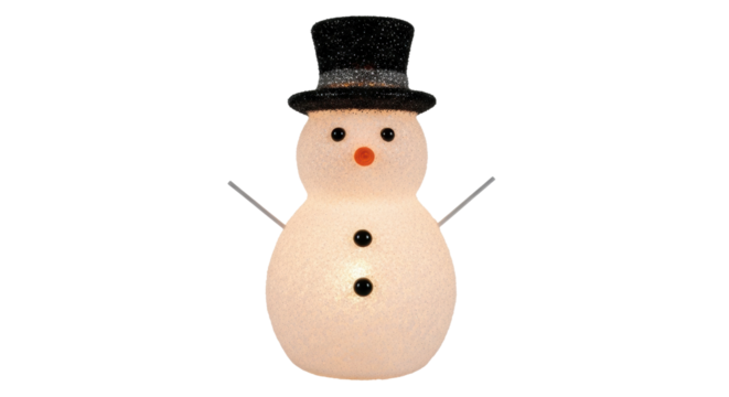 Festive frosty snowman with black hat and orange carrot nose