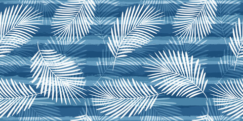 Tropical pattern, palm leaves seamless vector floral background. Exotic plant on blue stripes. Summer nature jungle print. Leaves of palm tree on paint lines. ink brush strokes