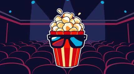 Fun popcorn bucket wearing sunglasses in a vibrant cinema setting with empty seats