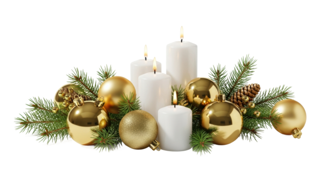 Festive arrangement of candles and christmas ornaments with pine branches