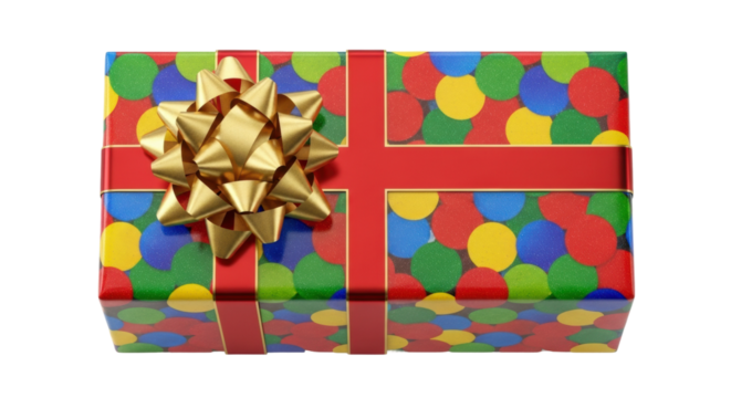 Colorful gift box with gold ribbon and polka dot wrapping