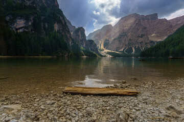 Lago di Braies with Dramatic Clouds over the Dolomites, Italy
