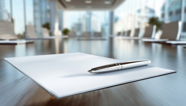 Meeting Room Scene: White Paper And Pen - In A Professional Environment, A White Paper Lays On A Table Next To A Pen In A Meeting Room.