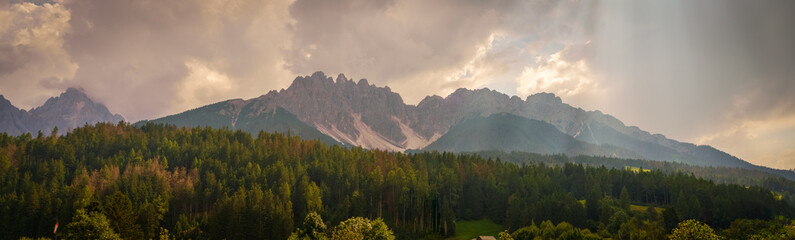 Dolomites Mountain Range with Forest and Fields, South Tyrol