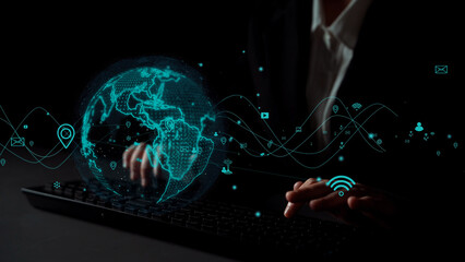 A captivating digital illustration showing a glowing globe with network connections, symbolizing global communication and technological advancement in modern business environments. Xenic