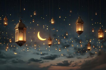Elegant Ramadan Lanterns and Crescent Moon Against Night Sky