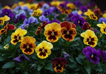 A vibrant display of diverse pansy blossoms flourishing in a well-tended garden, showcasing their intricate petals and rich, cheerful colors ,white ,bright ,orange
