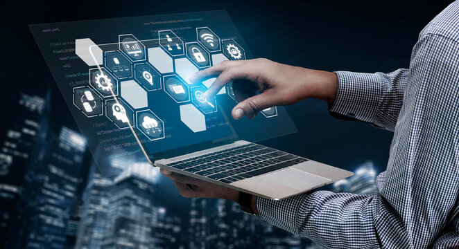 Hexagon interface combining AI, data, analytics, and cybersecurity. AI connects systems, data drives analytics, data supports decisions, and AI enables smart business infrastructure. Vouch - Powered by Adobe