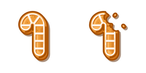 Gingerbread Candy Cane Cookie Set with icing decoration and bitten piece, cartoon sweet dessert design filled with cozy festive warmth and joyful winter charm.