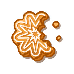 Bitten Gingerbread Star Cookie. Bitten gingerbread star cookie with white icing decoration, cute cartoon illustration in warm caramel tones with cozy winter feeling.