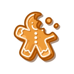 Gingerbread Man Cookie Illustration with icing decoration and bitten edge, cartoon sweet dessert design filled with cozy festive warmth and joyful winter charm.