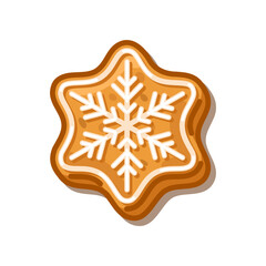 Gingerbread Snowflake Cookie Illustration with white icing decoration, cute cartoon illustration in warm caramel tones with cozy winter feeling.