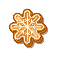 Gingerbread Snowflake Cookie Illustration with icing decoration, cartoon sweet dessert design filled with cozy festive warmth and joyful winter charm.