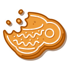 Gingerbread Fish Cookie Illustration. Gingerbread fish cookie illustration with icing decoration and bitten edge, cartoon sweet dessert design filled with cozy festive warmth and joyful winter charm.