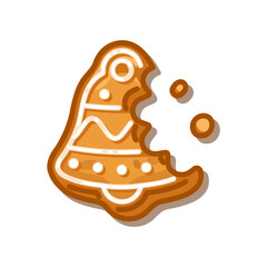 Gingerbread Bell Cookie Illustration with icing decoration and bitten edge, cartoon sweet dessert design filled with cozy festive warmth and joyful winter charm.