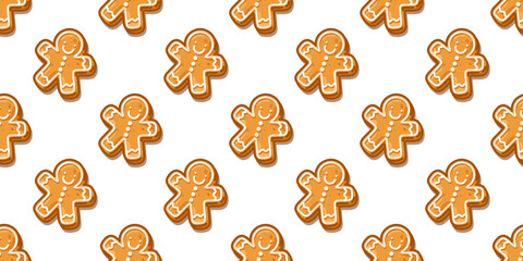 Seamless Gingerbread Man Pattern with cartoon cookies decorated with white icing, cozy sweet winter design on white background.