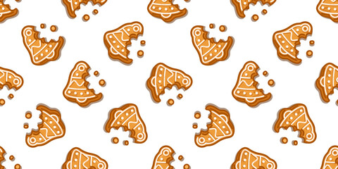 Seamless Bitten Gingerbread Cane Pattern with bitten cane shapes decorated with white icing, cute cartoon design in warm caramel tones and cozy winter mood.