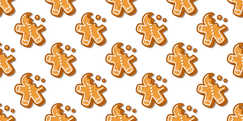 Seamless Bitten Gingerbread Man Pattern with cartoon cookies decorated with white icing and crumbs, cozy sweet winter design on white background.