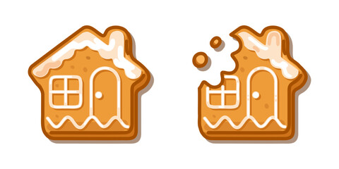 Gingerbread House Cookie Set with icing decoration and bitten piece, cartoon sweet dessert design filled with cozy festive warmth and joyful winter charm.