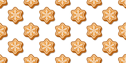 Seamless Gingerbread Snowflake Pattern with cartoon cookies decorated with white icing, cozy sweet winter design on white background.