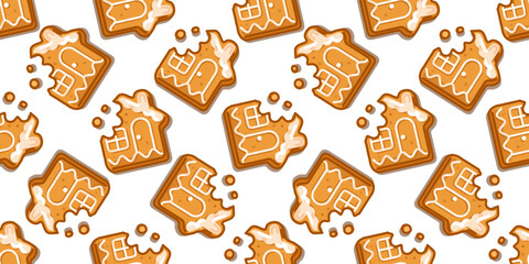 Seamless Bitten Gingerbread House Pattern with cartoon cookies decorated with white icing and crumbs, cozy sweet winter design on white background.
