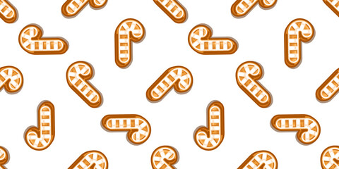 Seamless Gingerbread Candy Cane Pattern with cartoon cookies decorated with white icing, cozy sweet winter design on white background.