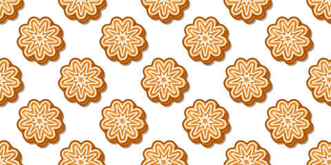 Seamless Gingerbread Snowflake Cookie Pattern with cartoon biscuits decorated with white icing, cozy sweet winter design on white background.