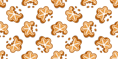 Seamless Bitten Gingerbread Snowflake Pattern with cartoon cookies decorated with white icing and crumbs, cozy sweet winter design on white background.