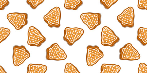 Seamless Gingerbread Bell Pattern with cartoon cookies decorated with white icing, cozy sweet winter design on white background.