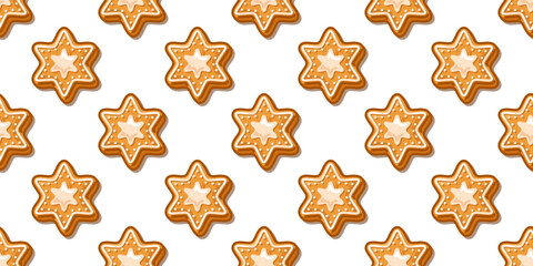 Seamless Gingerbread Star Cookie Pattern with cartoon biscuits decorated with white icing and central glaze, cozy sweet winter design on white background.
