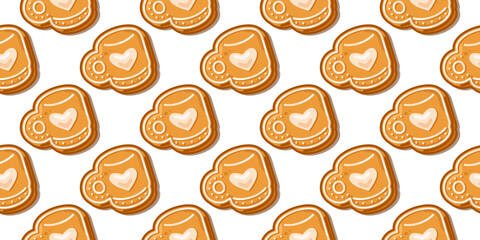 Seamless Gingerbread Mug Cookie Pattern. Gingerbread mug cookie seamless pattern with cartoon biscuits decorated with white icing and heart detail, cozy sweet winter design on white background.