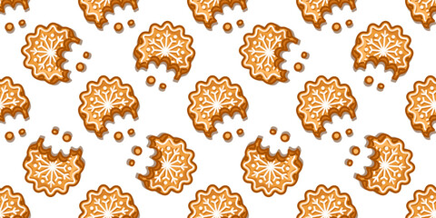 Seamless Bitten Gingerbread Snowflake Cookie Pattern with cartoon biscuits decorated with white icing and crumbs, cozy sweet winter design on white background.