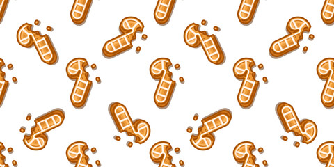 Seamless Bitten Gingerbread Candy Cane Pattern with cartoon cookies decorated with white icing and crumbs, cozy sweet winter design on white background.