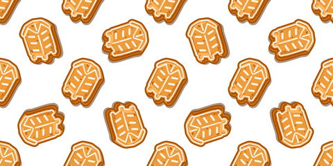 Seamless Gingerbread House Cookie Pattern. Gingerbread house cookie seamless pattern with cartoon biscuits decorated with white icing, cozy sweet winter design on white background.