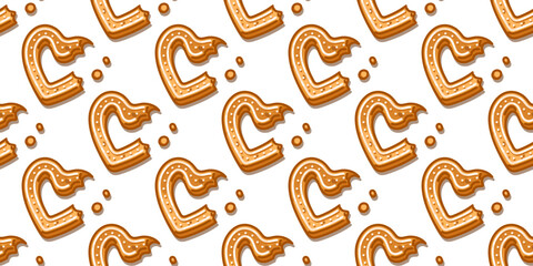 Seamless Bitten Gingerbread Mug Pattern with cartoon cookies decorated with white icing and crumbs, cozy sweet winter design on white background.