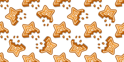 Seamless Bitten Gingerbread Star Pattern with cartoon cookies decorated with white icing and crumbs, cozy sweet winter design on white background.