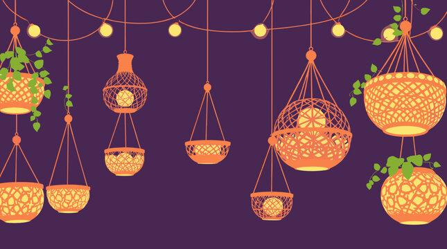Decorative hanging planters and string lights with vibrant colors for festive interior decor