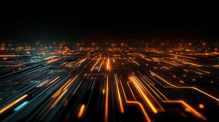 Glowing Circuit Board Digital Data Flowing Across Surface